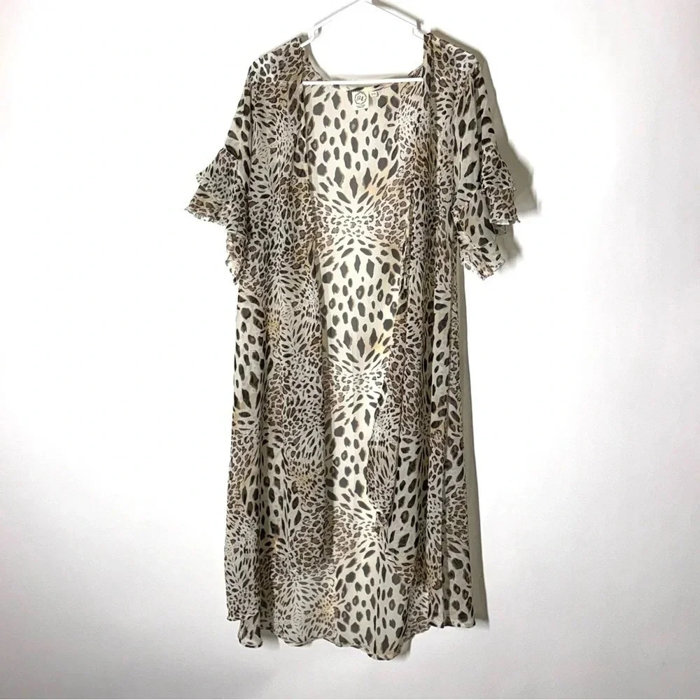 Grace & Emma Leopard Animal Print Sheer Short Sleeve Duster Size Small / Medium